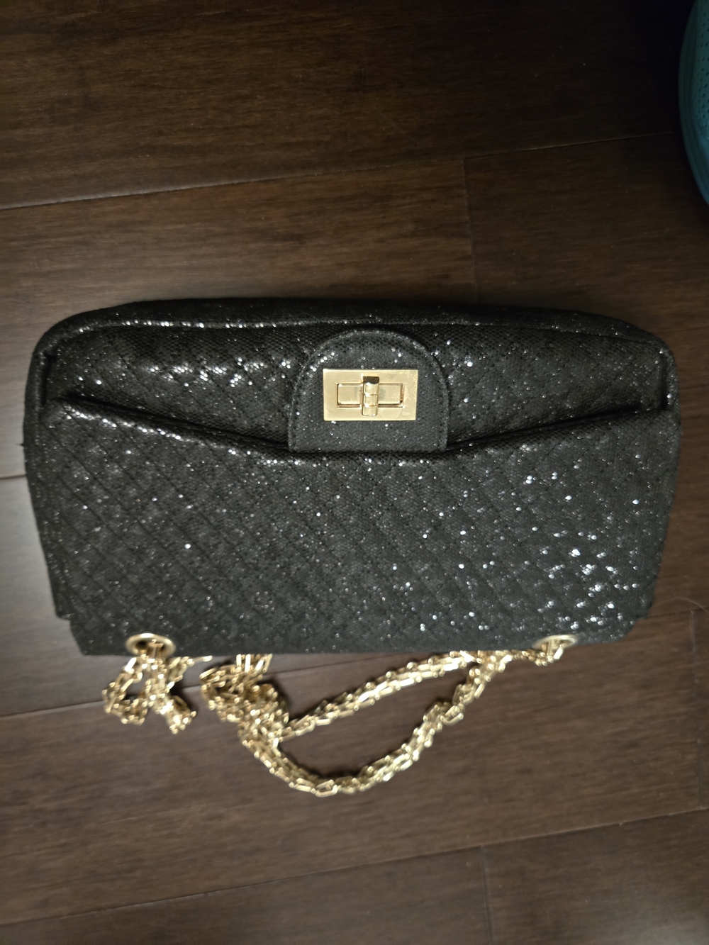 Black Quilted Glitter Crossbody Bag with Gold Chain